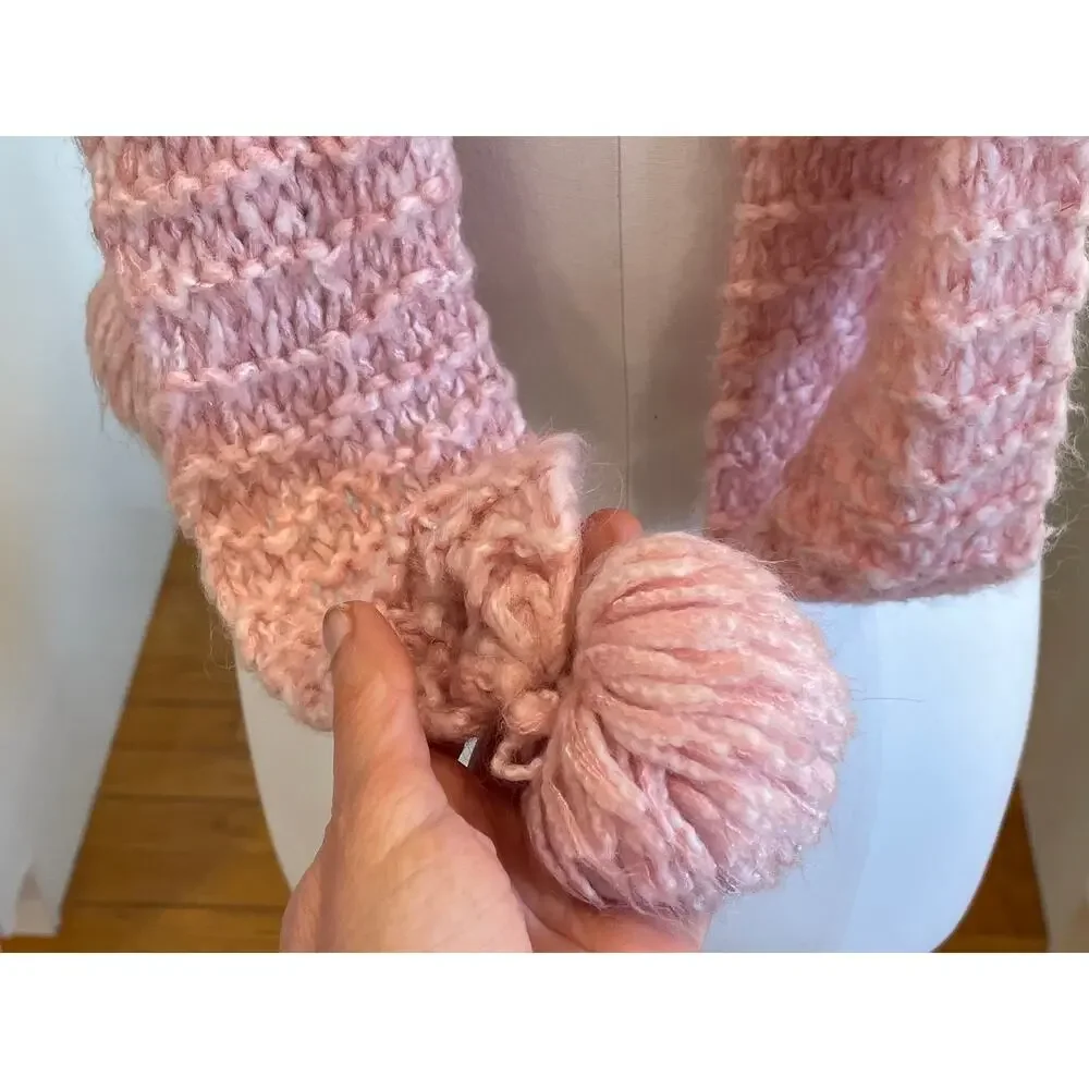 Vintage Y2K Old Navy Pink Crochet Extra Long Skinny Scarf with Pom Poms
